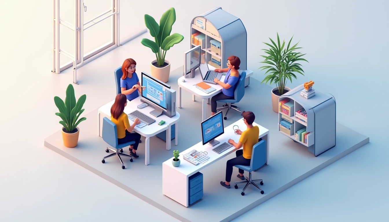 O echipă de la o agentie de creare site lucrează la un proiect web, discutând planuri și cod.