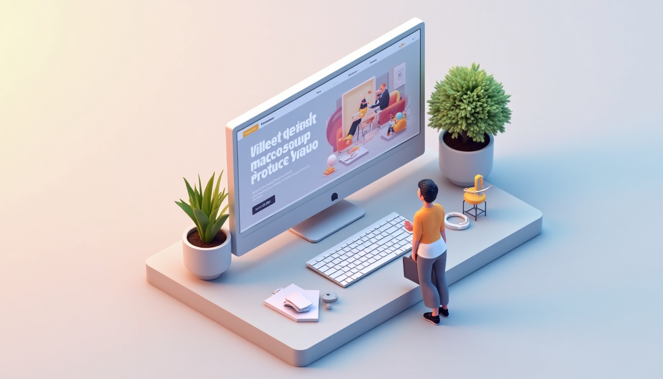 Ilustrație cu un website de prezentare firmă pe un ecran, simbolizând succesul digital.